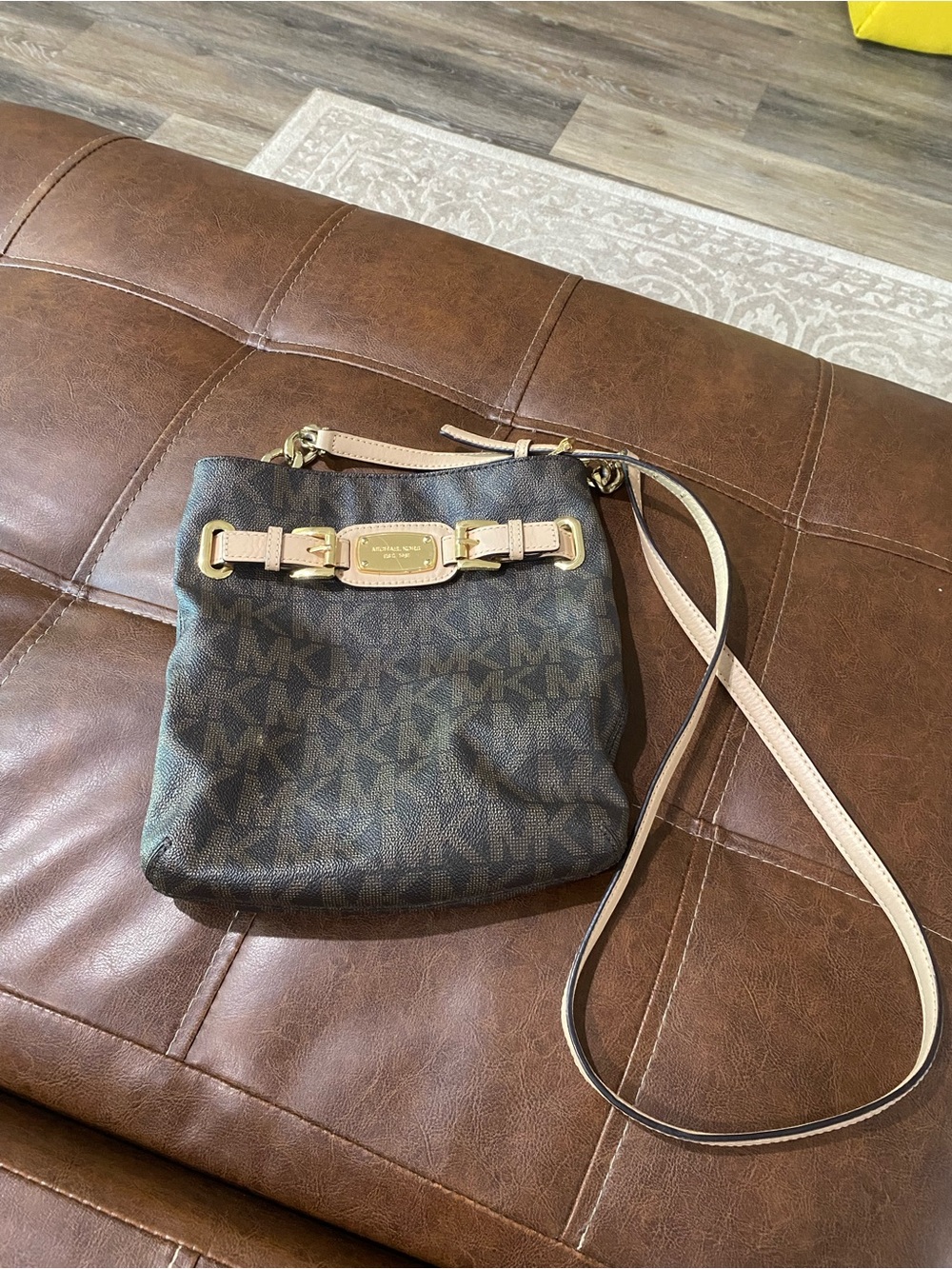 Michael Kors Brown Logo Crossbody with Beige Strap and Gold Plate
